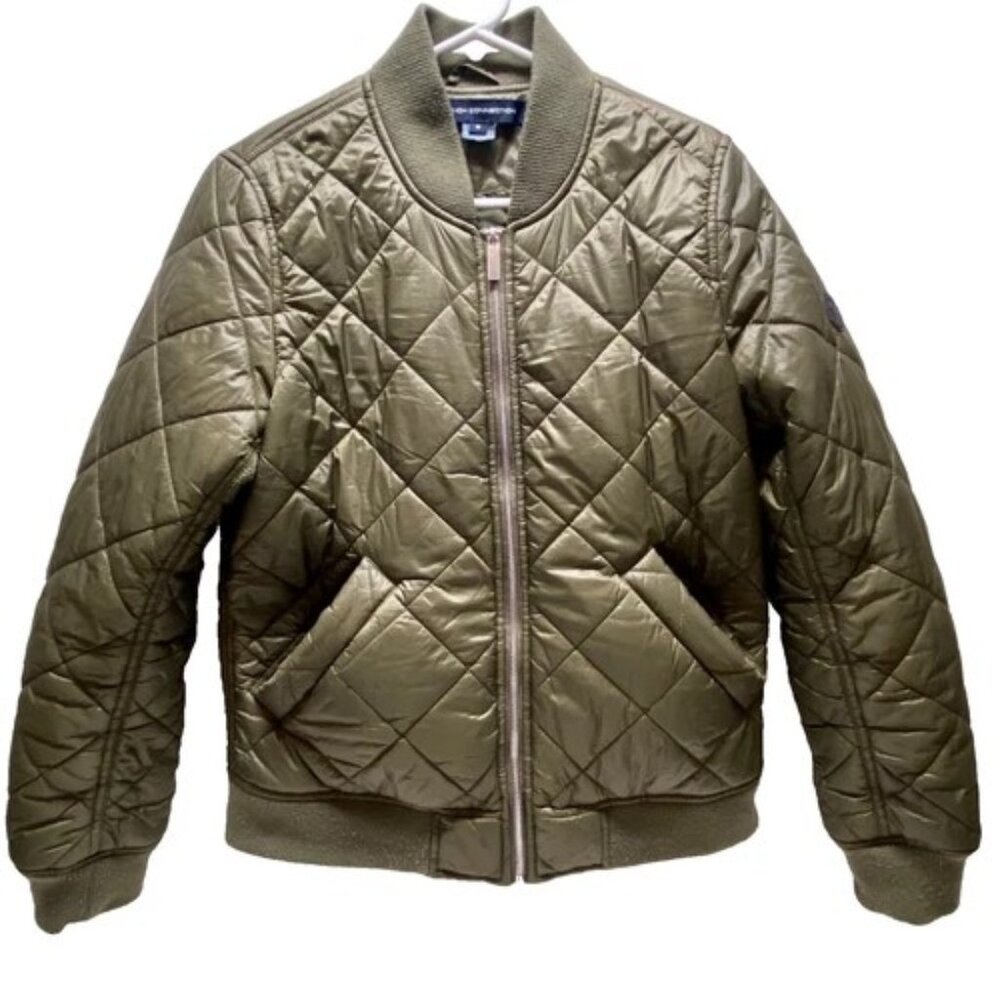 French Connection Quilted Bomber Jacket Women's Medium Olive Green Full Zip GUC